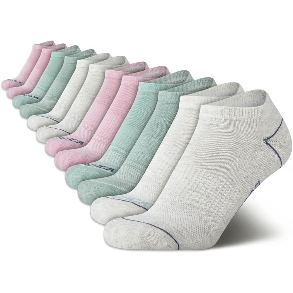 imageNautica Womens Low Cut Socks 12 Pack Moisture Wicking Cushioned Athletic No Show Socks for WomenOatmealHeather Grey Assorted