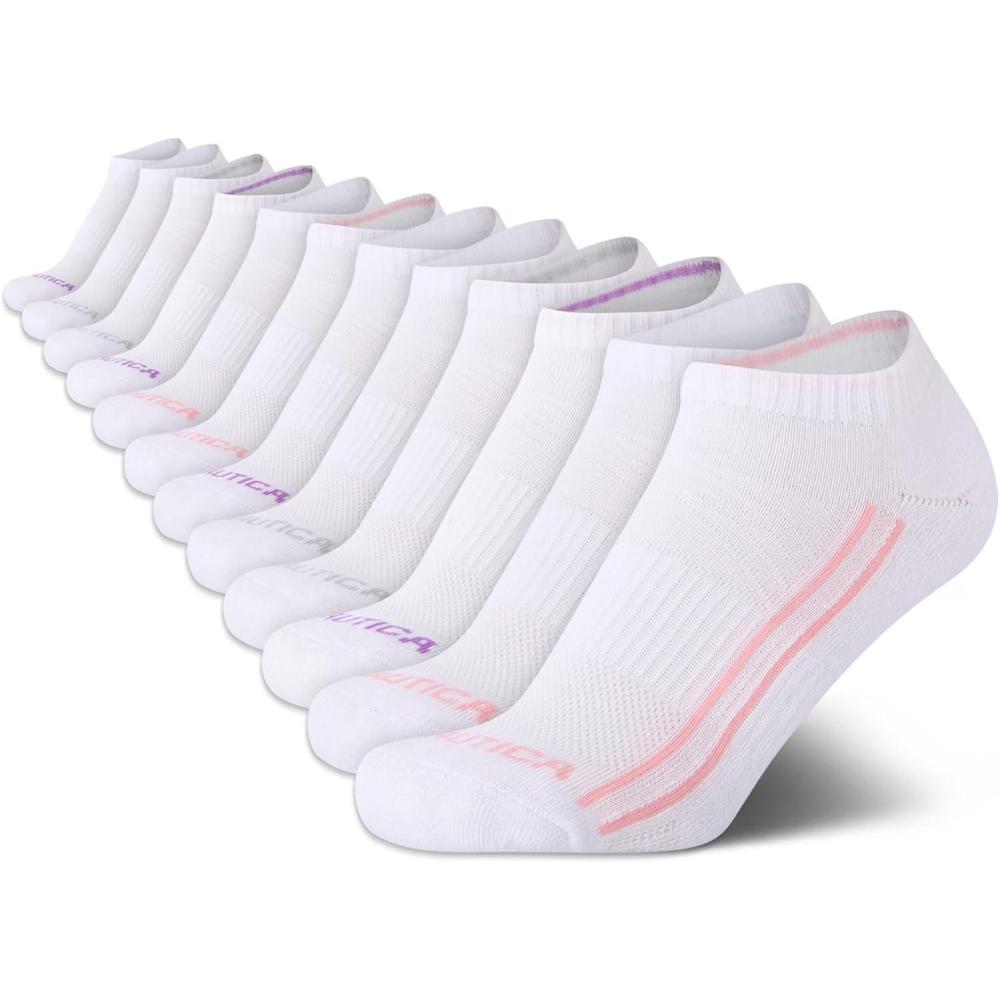 imageNautica Womens Low Cut Socks 12 Pack Moisture Wicking Cushioned Athletic No Show Socks for WomenWhite Stripe