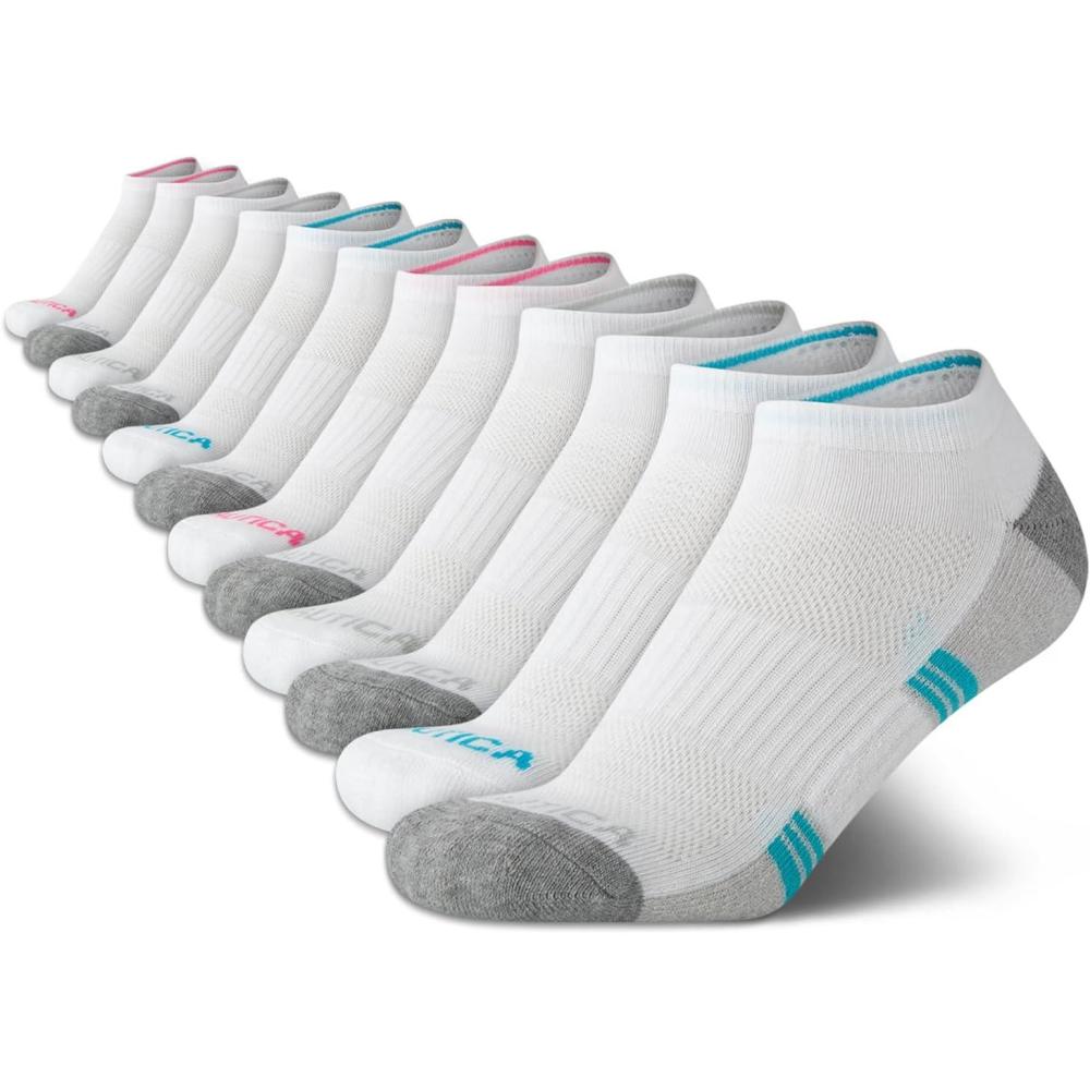 imageNautica Womens Low Cut Socks 12 Pack Moisture Wicking Cushioned Athletic No Show Socks for WomenWhiteBlue