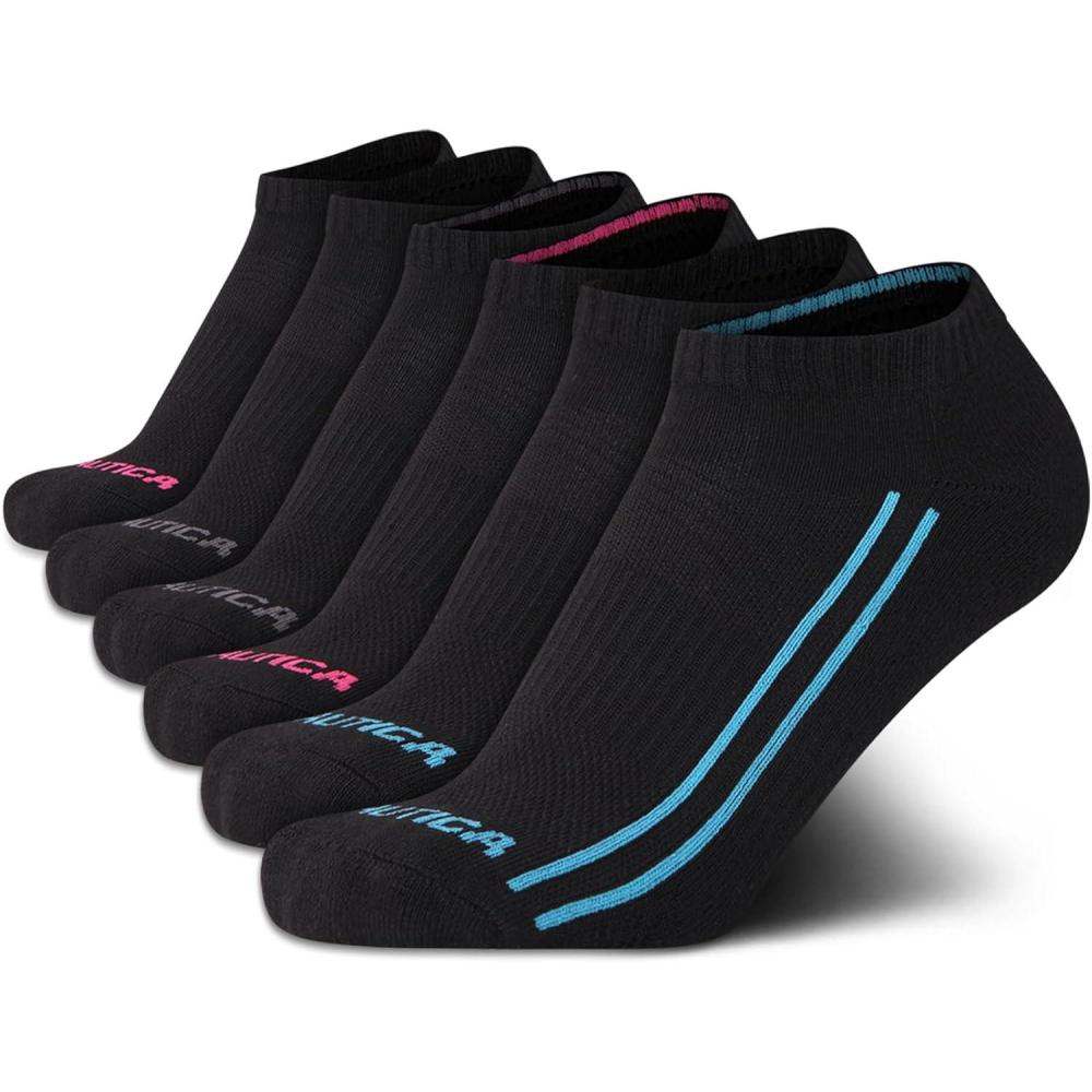 imageNautica Womens Low Cut Socks 6 Pack Breathable Cushioned Athletic Performance No Show Socks for Women Sizes 410Black Lines