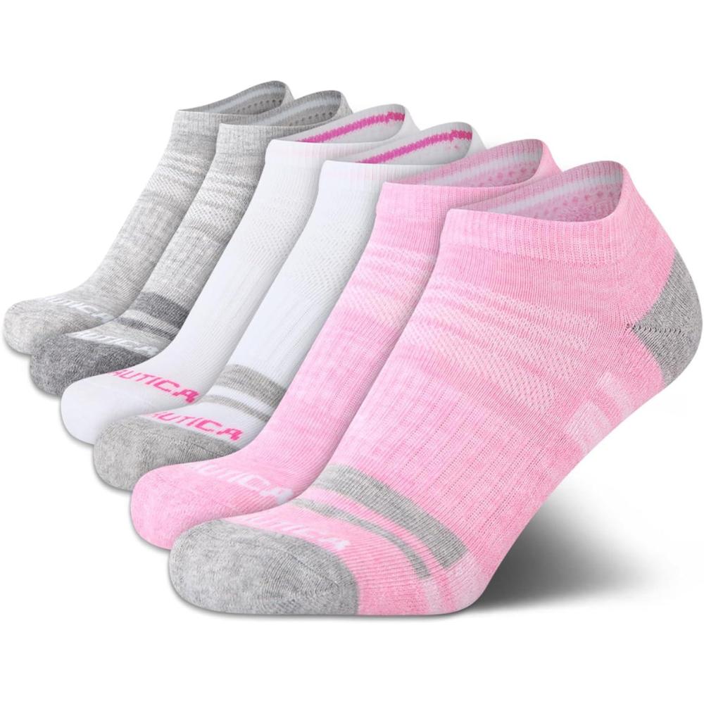 imageNautica Womens Low Cut Socks 6 Pack Breathable Cushioned Athletic Performance No Show Socks for Women Sizes 410PinkWhiteGrey
