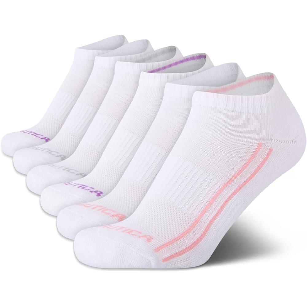 imageNautica Womens Low Cut Socks 6 Pack Breathable Cushioned Athletic Performance No Show Socks for Women Sizes 410White Stripe