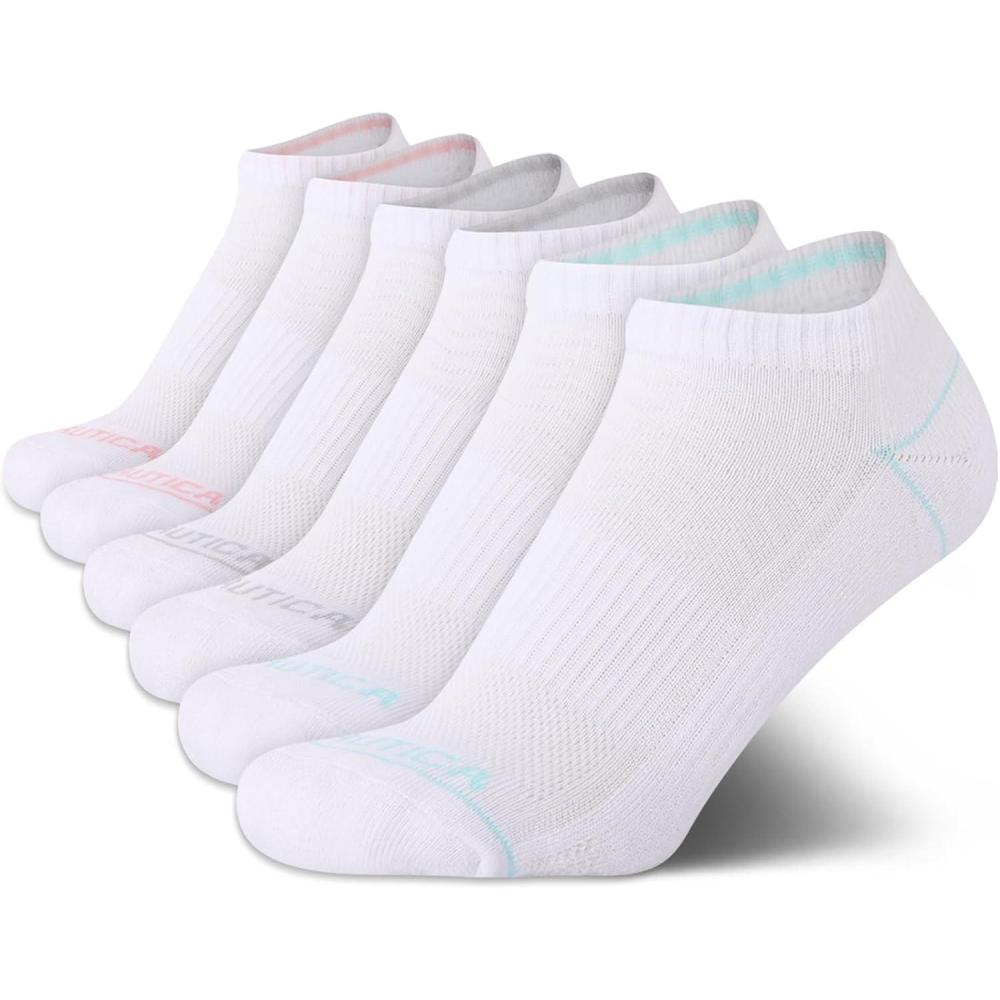 imageNautica Womens No Show Socks 6 Pack Breathable Cushioned Athletic Performance Low Cut Socks for Women Sizes 410White Logo