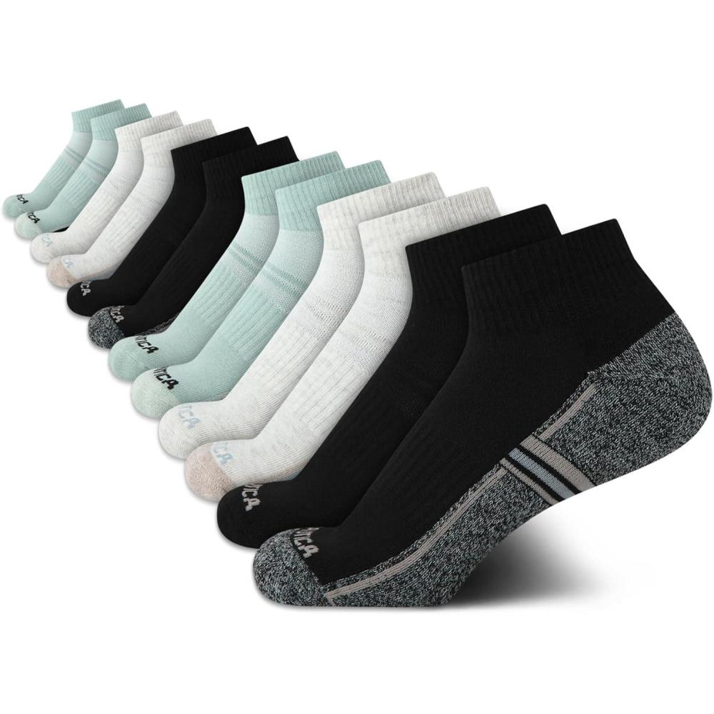 imageNautica Womens Quarter Socks  12 Pack Moisture Control Cushioned Athletic Socks for Women for Sport amp Gym Wear Size 410BlackOatmealGreen