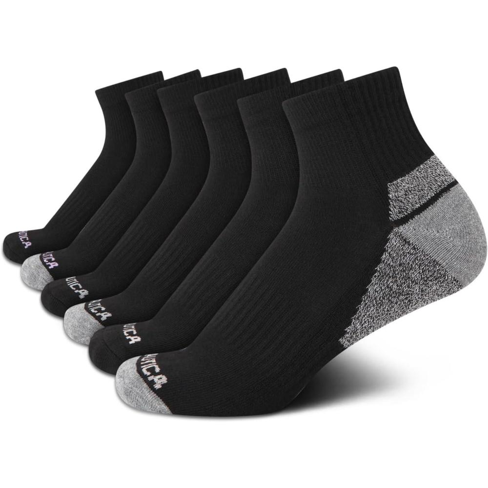 imageNautica Womens Quarter Socks 6 Pack Cushioned Moisture Wicking Athletic Socks for Women for Gym Running Sports 410All Black