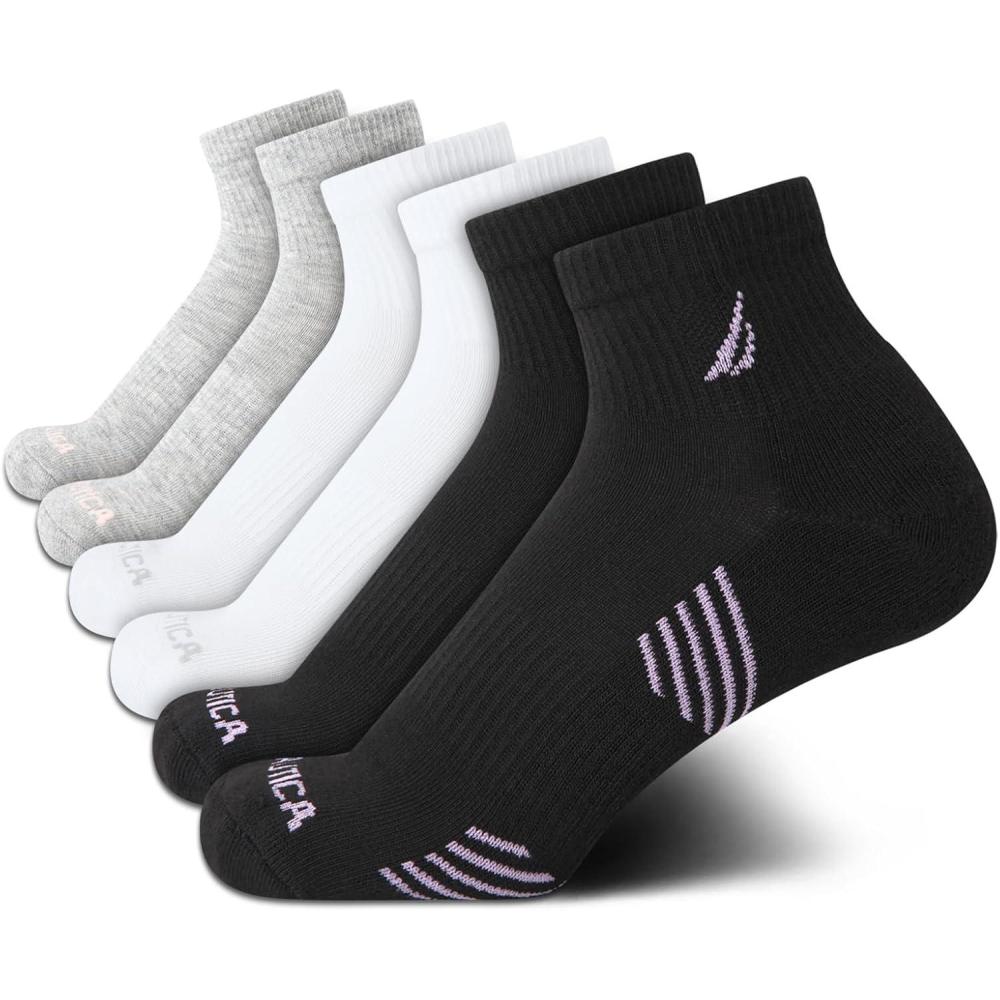 imageNautica Womens Quarter Socks 6 Pack Cushioned Moisture Wicking Athletic Socks for Women for Gym Running Sports 410GreyWhiteBlack