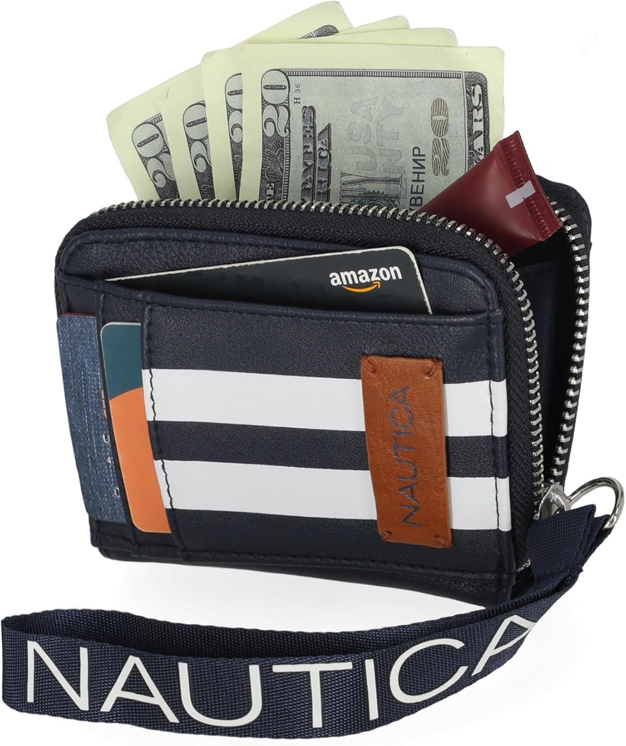 imageNautica Everglades Small Wallet for Women Compact Thin Wristlet Credit Card Wallet with ID Window Zippered Coin Purse BlackIndigo RacingStripe