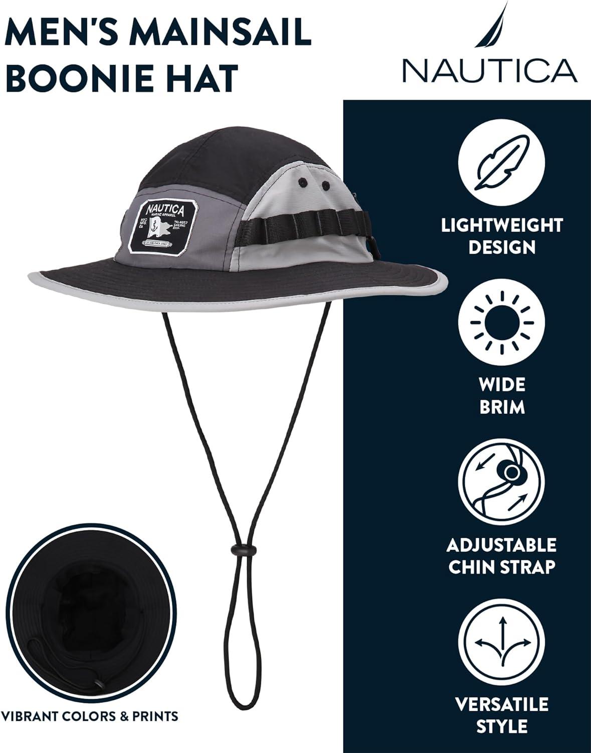 imageNautica Mens Boonie Hat Lightweight UV Protection Wide Brim Mainsail Safari Fishing Hat for Men with Adjustable StrapBlack