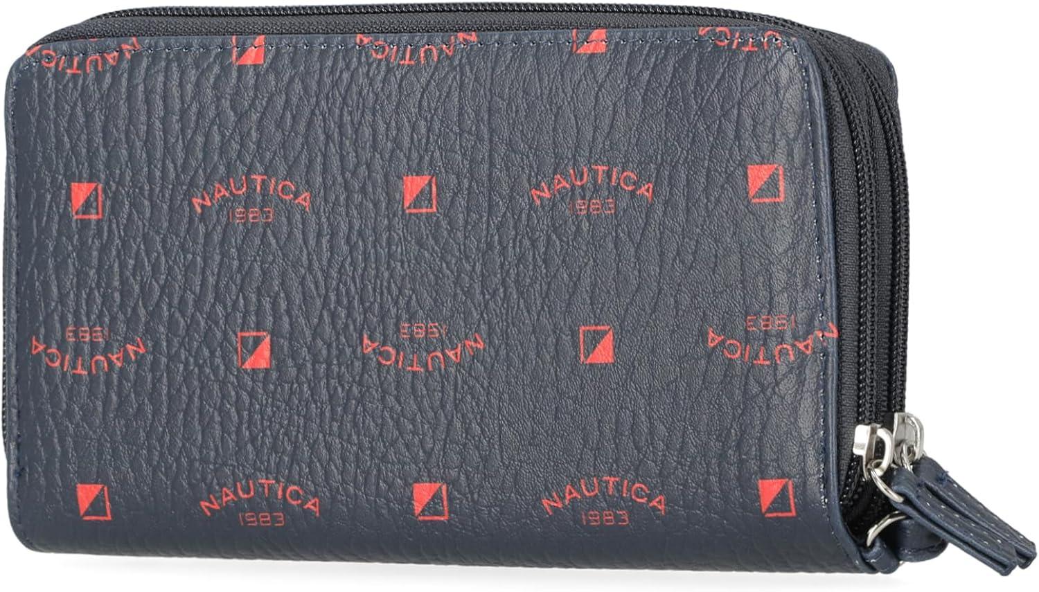 imageNautica On The Double Zip Around Vegan Leather Womens RFID Clutch Wallet With Wristlet Strap Indigo RedIndigoRed