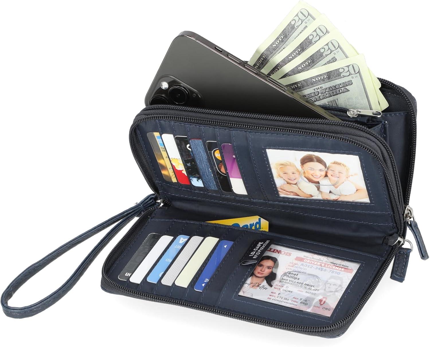 imageNautica On The Double Zip Around Vegan Leather Womens RFID Clutch Wallet With Wristlet Strap Indigo RedIndigoRed