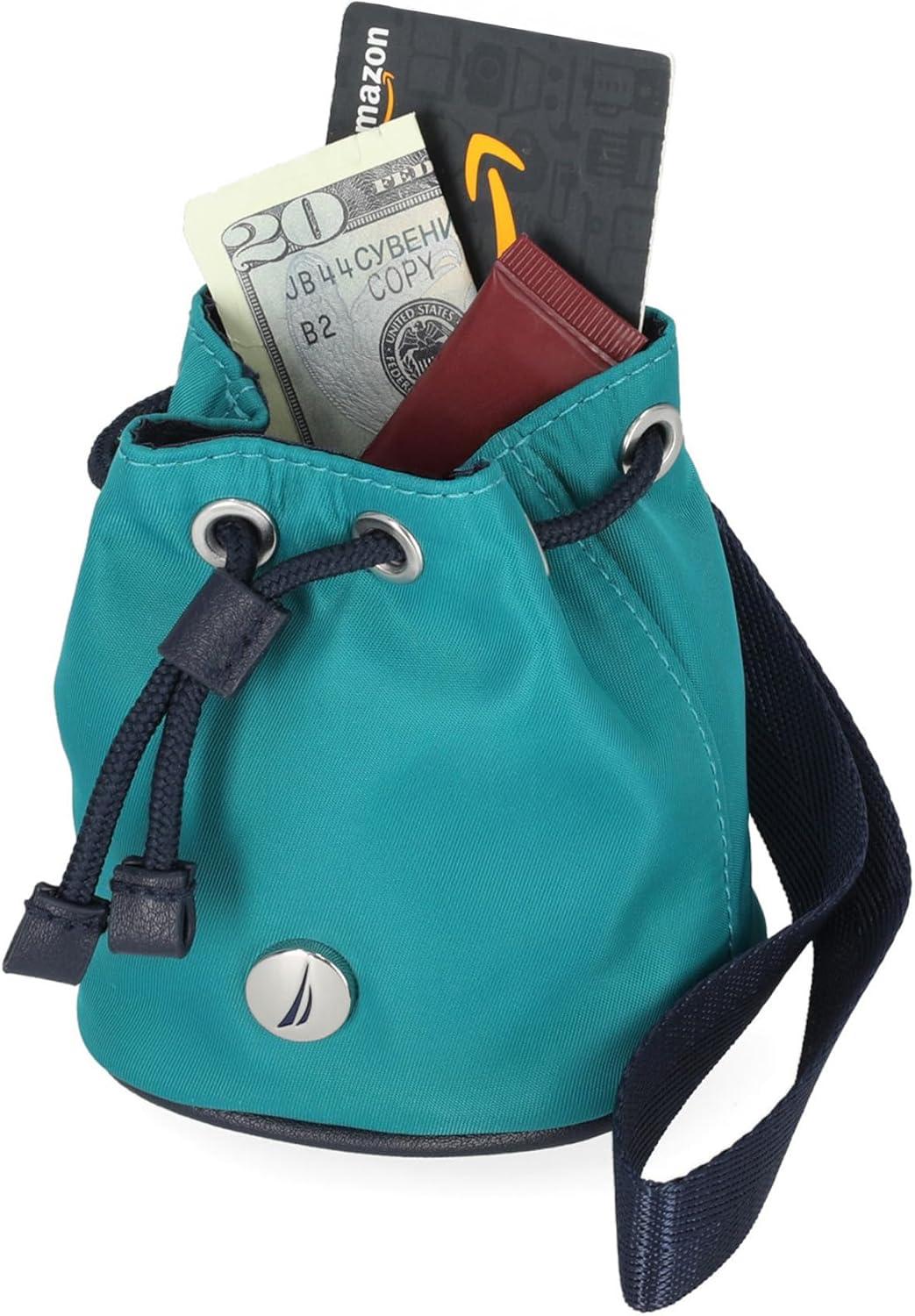 imageNautica Sea Spray Drawstring Wallet Coin Purse Mini Pouch Charm with Wristlet BlackTeal