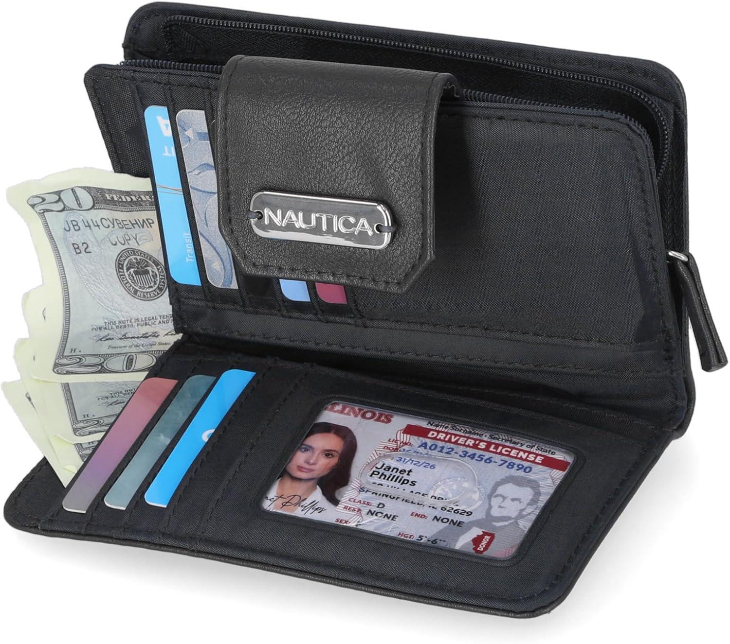 imageNautica Womens Close Reach Vegan Leather RFID Wallet Small Credit Card Holder Purse with Zipper Coin Pocket and ID Window in BlackBlack