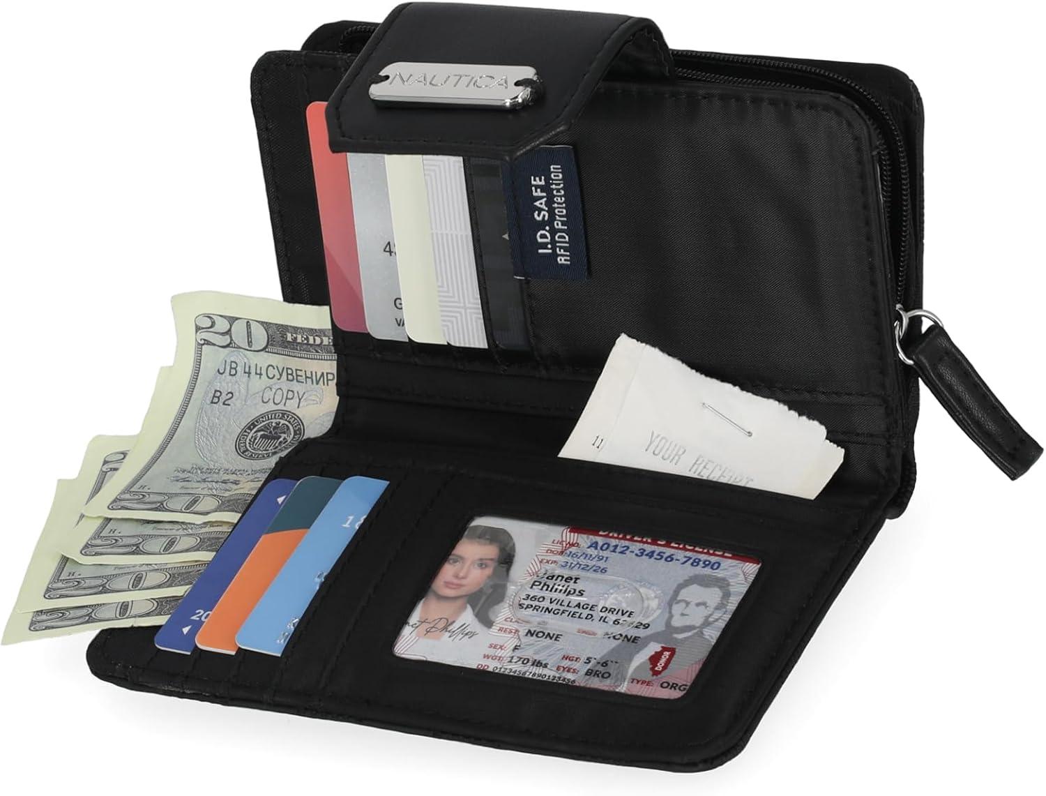 imageNautica Womens Close Reach Vegan Leather RFID Wallet Small Credit Card Holder Purse with Zipper Coin Pocket and ID Window in BlackBlack Check