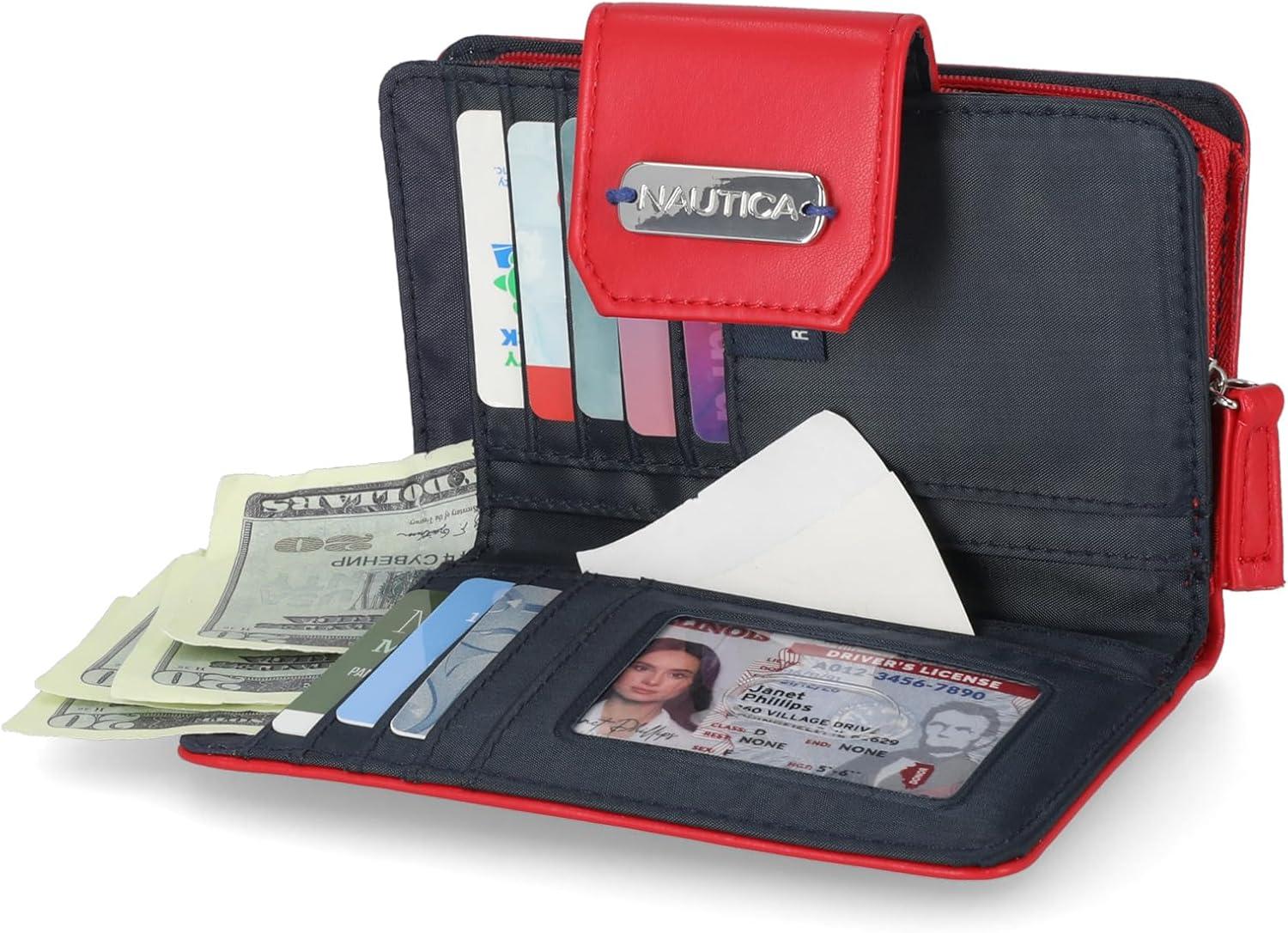 imageNautica Womens Close Reach Vegan Leather RFID Wallet Small Credit Card Holder Purse with Zipper Coin Pocket and ID Window in BlackFuego Red