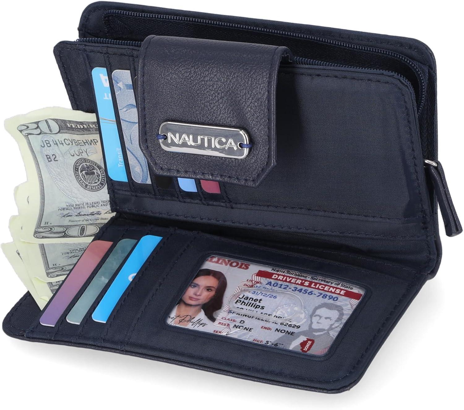 imageNautica Womens Close Reach Vegan Leather RFID Wallet Small Credit Card Holder Purse with Zipper Coin Pocket and ID Window in BlackIndigo