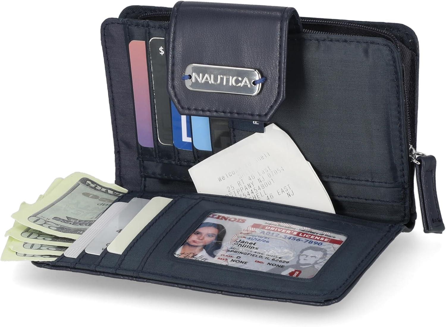 imageNautica Womens Close Reach Vegan Leather RFID Wallet Small Credit Card Holder Purse with Zipper Coin Pocket and ID Window in BlackIndigo Embossed