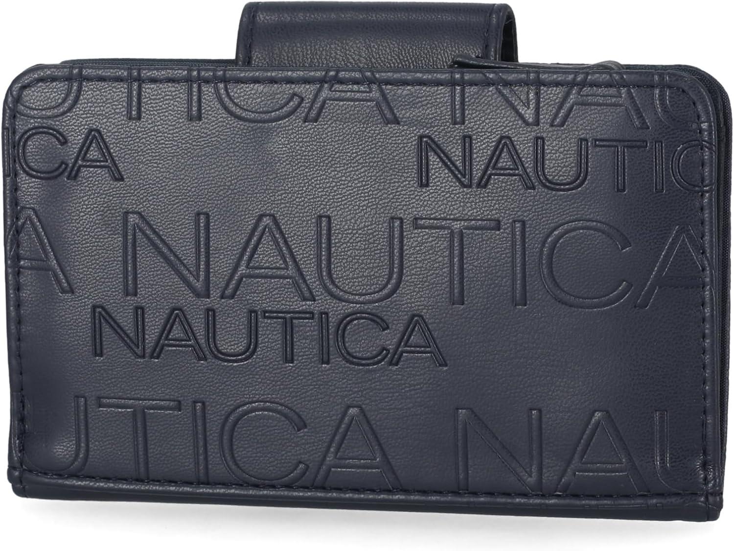 imageNautica Womens Close Reach Vegan Leather RFID Wallet Small Credit Card Holder Purse with Zipper Coin Pocket and ID Window in BlackIndigo Embossed