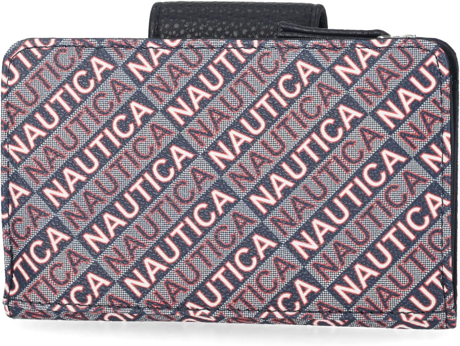 imageNautica Womens Close Reach Vegan Leather RFID Wallet Small Credit Card Holder Purse with Zipper Coin Pocket and ID Window in BlackIndigo Jacquard