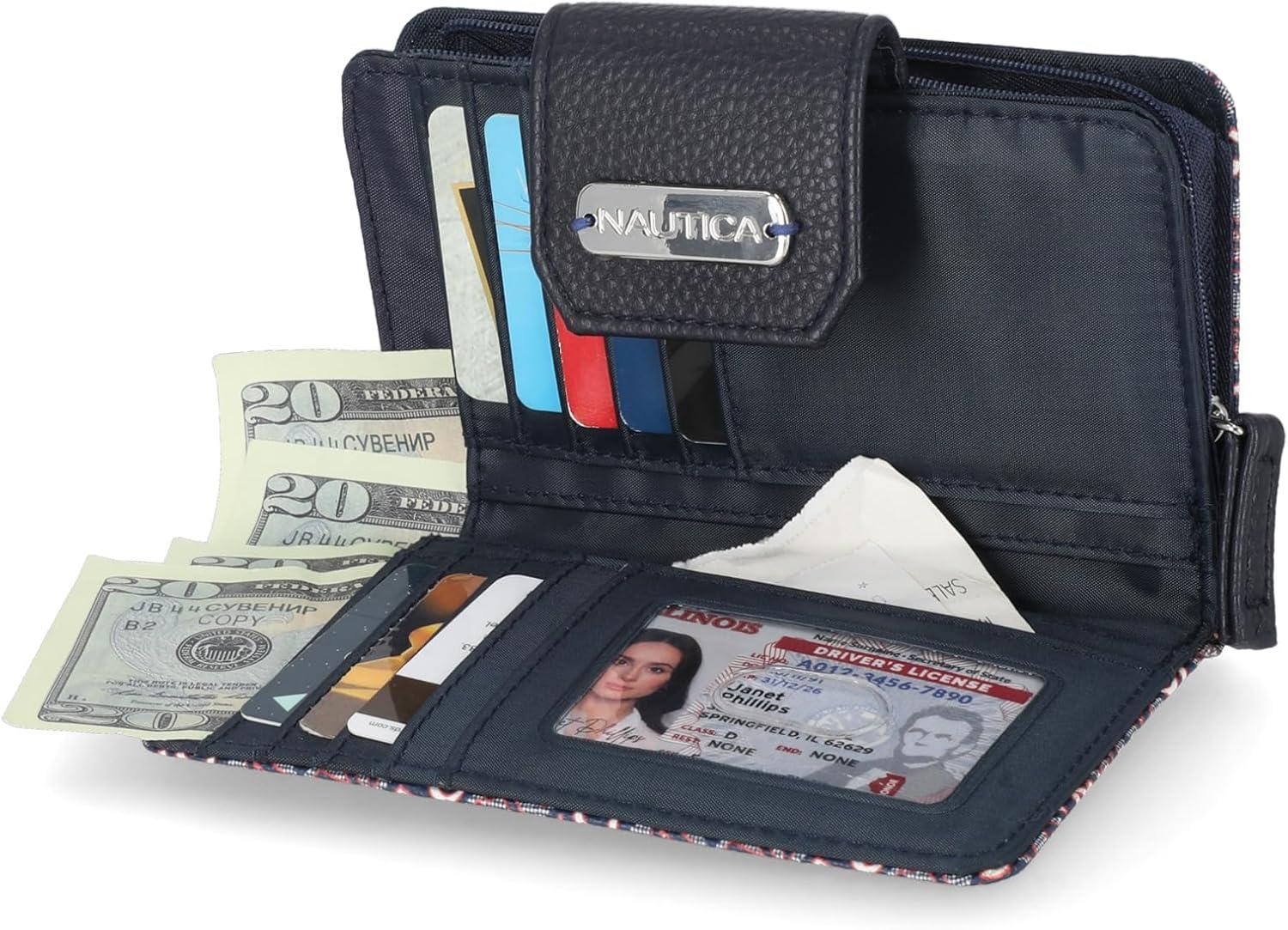 imageNautica Womens Close Reach Vegan Leather RFID Wallet Small Credit Card Holder Purse with Zipper Coin Pocket and ID Window in BlackIndigo Jacquard