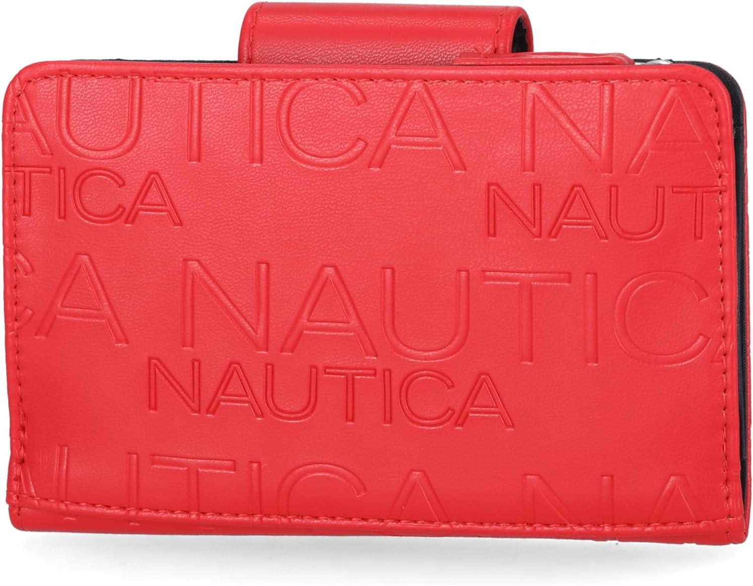 imageNautica Womens Close Reach Vegan Leather RFID Wallet Small Credit Card Holder Purse with Zipper Coin Pocket and ID Window in BlackRed Embossed