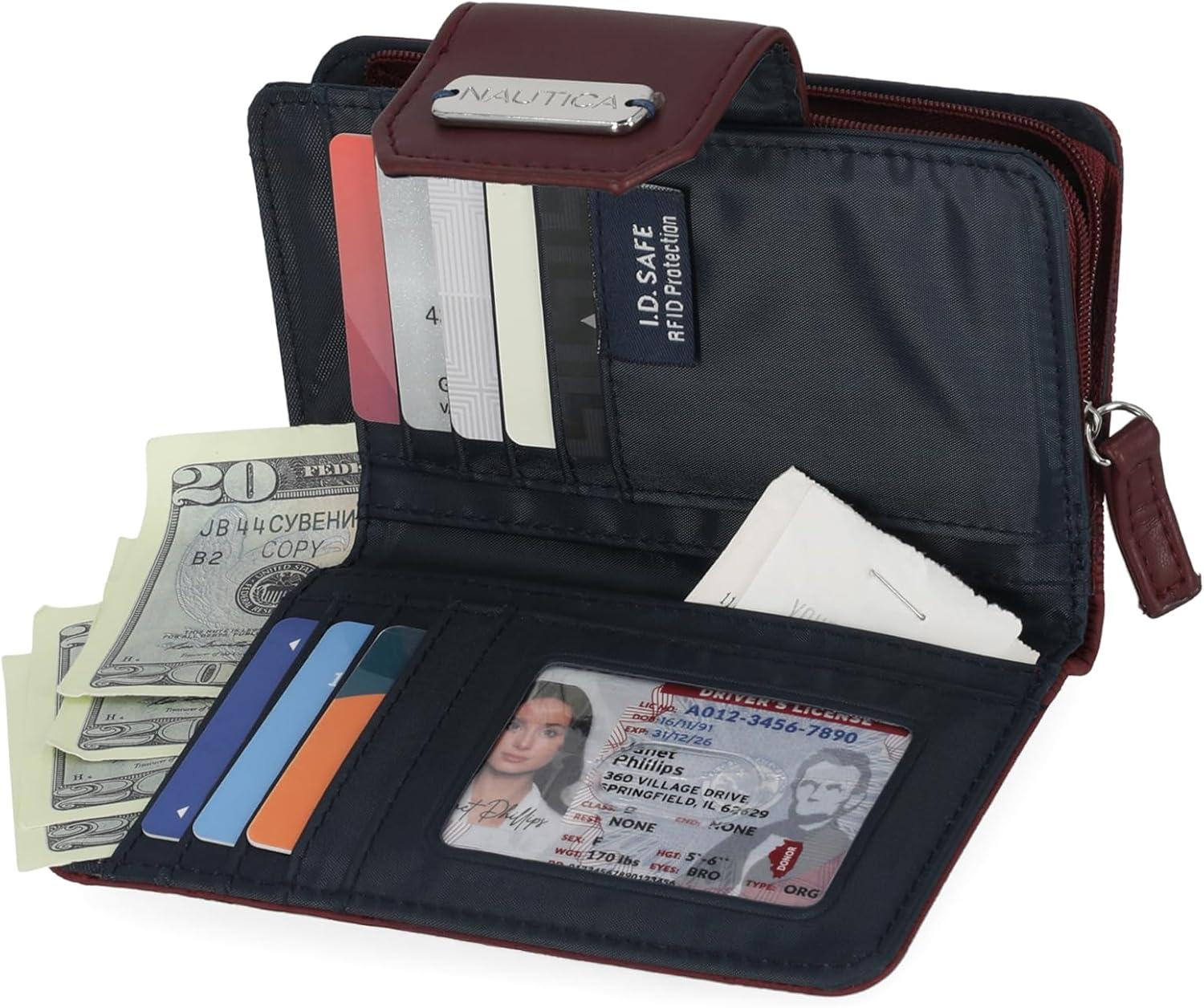 imageNautica Womens Close Reach Vegan Leather RFID Wallet Small Credit Card Holder Purse with Zipper Coin Pocket and ID Window in BlackWine Check