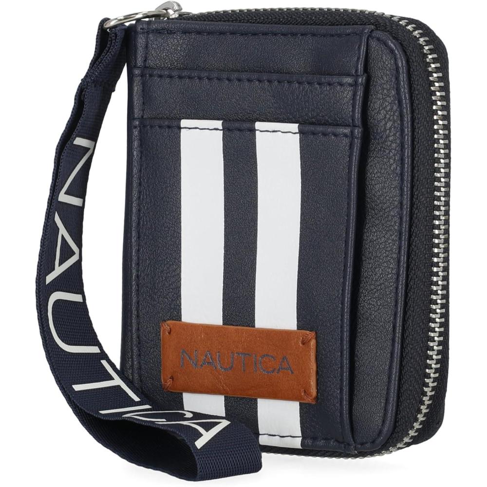 imageNautica Everglades Small Wallet for Women Compact Thin Wristlet Credit Card Wallet with ID Window Zippered Coin Purse BlackIndigo RacingStripe