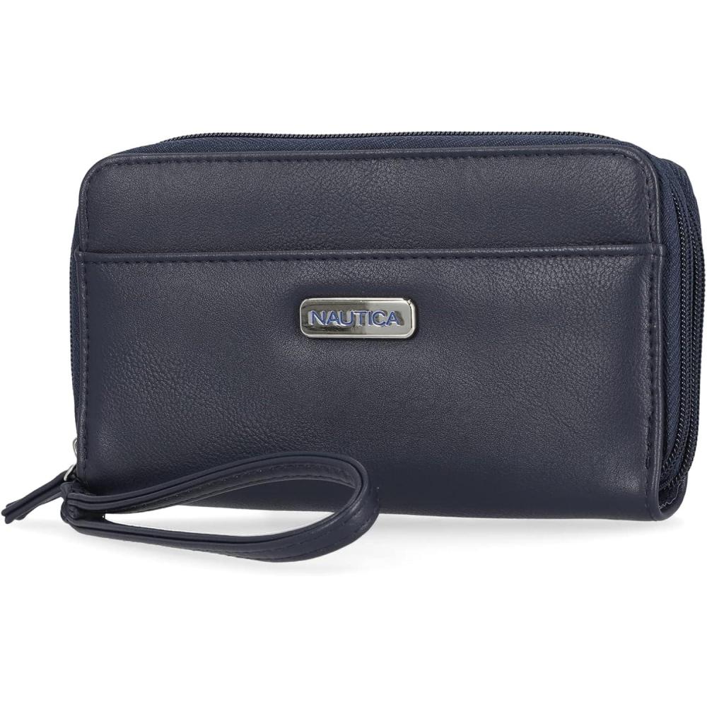 imageNautica On The Double Zip Around Vegan Leather Womens RFID Clutch Wallet With Wristlet Strap IndigoIndigo