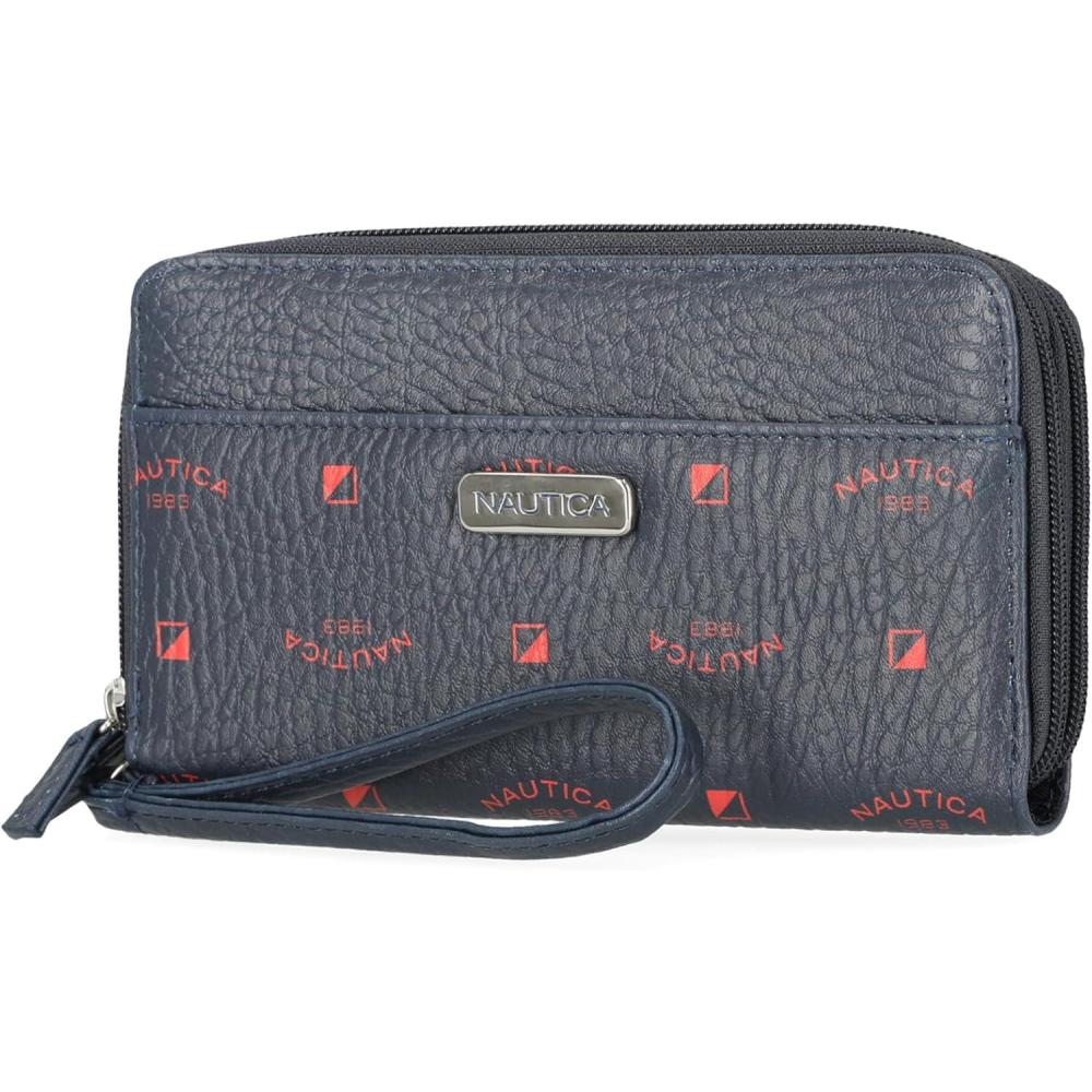 imageNautica On The Double Zip Around Vegan Leather Womens RFID Clutch Wallet With Wristlet Strap IndigoIndigoRed