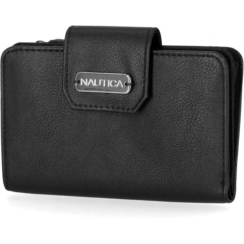 imageNautica Womens Close Reach Vegan Leather RFID Wallet Small Credit Card Holder Purse with Zipper Coin Pocket and ID Window in BlackBlack