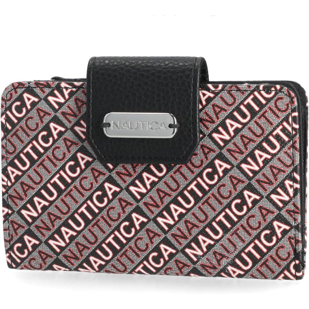 imageNautica Womens Close Reach Vegan Leather RFID Wallet Small Credit Card Holder Purse with Zipper Coin Pocket and ID Window in BlackBlack Jacquard