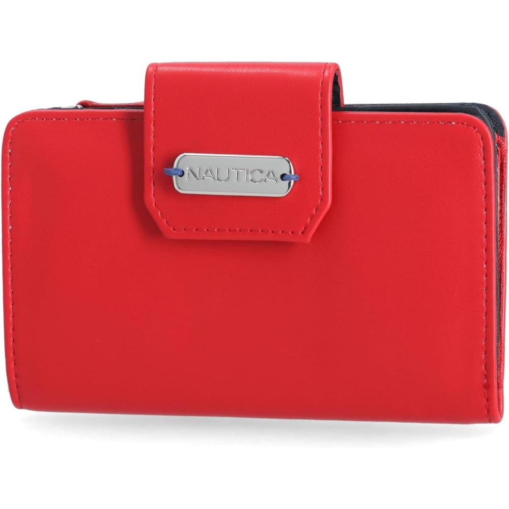 imageNautica Womens Close Reach Vegan Leather RFID Wallet Small Credit Card Holder Purse with Zipper Coin Pocket and ID Window in BlackFuego Red