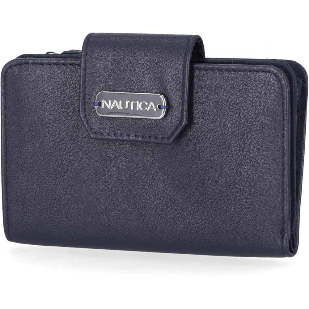 imageNautica Womens Close Reach Vegan Leather RFID Wallet Small Credit Card Holder Purse with Zipper Coin Pocket and ID Window in BlackIndigo