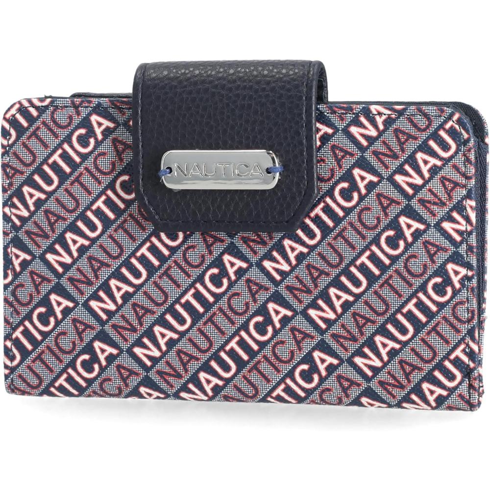 imageNautica Womens Close Reach Vegan Leather RFID Wallet Small Credit Card Holder Purse with Zipper Coin Pocket and ID Window in BlackIndigo Jacquard