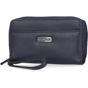 Nautica On The Double Zip Around Vegan Leather Womens RFID Clutch Wallet With Wristlet Strap, Indigo(Indigo)