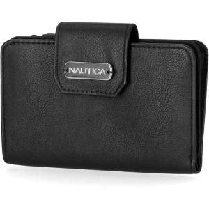 Nautica Womens, Close Reach Vegan Leather RFID Wallet, Small Credit Card Holder Purse with Zipper Coin Pocket and ID Window in Black(Black)