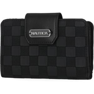 Nautica Womens, Close Reach Vegan Leather RFID Wallet, Small Credit Card Holder Purse with Zipper Coin Pocket and ID Window in Black(Black Check)