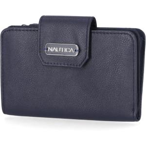 Nautica Womens, Close Reach Vegan Leather RFID Wallet, Small Credit Card Holder Purse with Zipper Coin Pocket and ID Window in Black(Indigo)