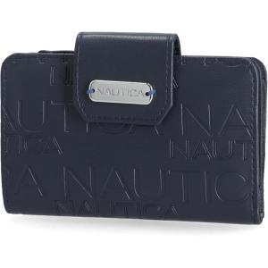 Nautica Womens, Close Reach Vegan Leather RFID Wallet, Small Credit Card Holder Purse with Zipper Coin Pocket and ID Window in Black(Indigo Embossed)