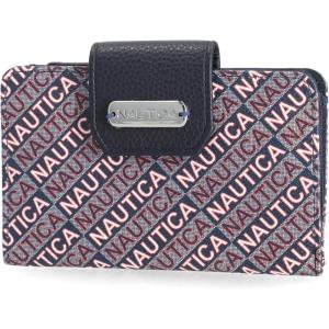 Nautica Womens, Close Reach Vegan Leather RFID Wallet, Small Credit Card Holder Purse with Zipper Coin Pocket and ID Window in Black(Indigo Jacquard)
