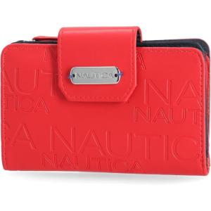 Nautica Womens, Close Reach Vegan Leather RFID Wallet, Small Credit Card Holder Purse with Zipper Coin Pocket and ID Window in Black(Red Embossed)