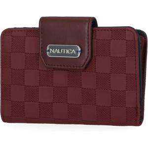 Nautica Womens, Close Reach Vegan Leather RFID Wallet, Small Credit Card Holder Purse with Zipper Coin Pocket and ID Window in Black(Wine Check)