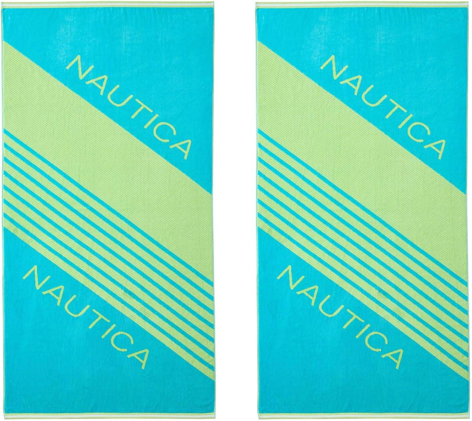 imageNautica Oversized Beach Towel Set Soft Plush Velour Towels with Hanging Loop Quick Dry amp Absorbent Beach Vacation Essentials for Adults amp Travel Turtle Beach Blue 2PackTilted Logo Blue
