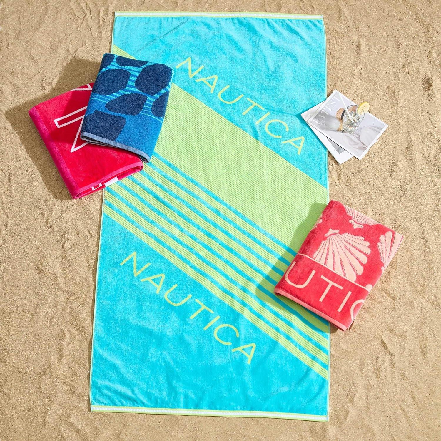 imageNautica Oversized Beach Towel Set Soft Plush Velour Towels with Hanging Loop Quick Dry amp Absorbent Beach Vacation Essentials for Adults amp Travel Turtle Beach Blue 2PackLogo Stripe Pink