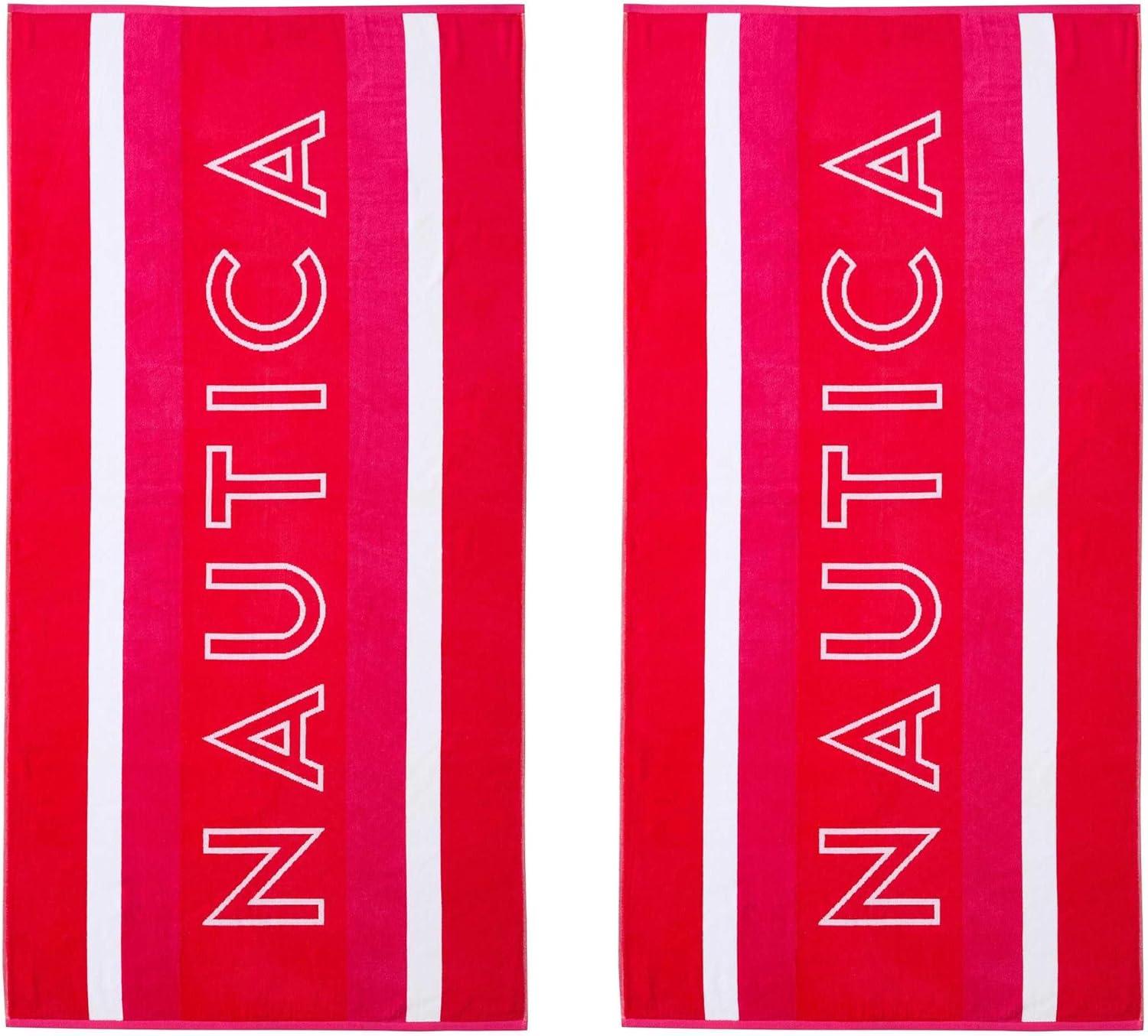 imageNautica Oversized Beach Towel Set Soft Plush Velour Towels with Hanging Loop Quick Dry amp Absorbent Beach Vacation Essentials for Adults amp Travel Turtle Beach Blue 2PackLogo Stripe Pink