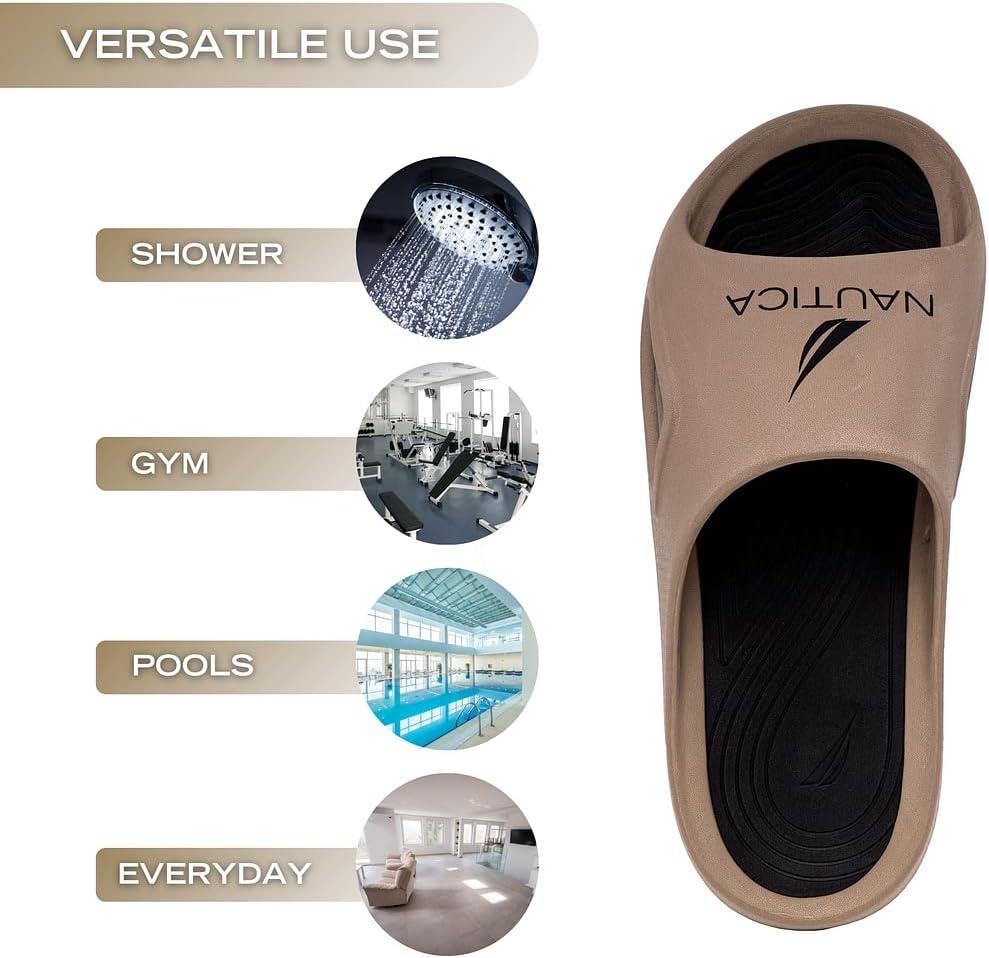 imageNautica Mens Athletic Slides Sport Shower Sandals for Indoor amp Outdoor Lightweight Durable and ComfortableDark Tan