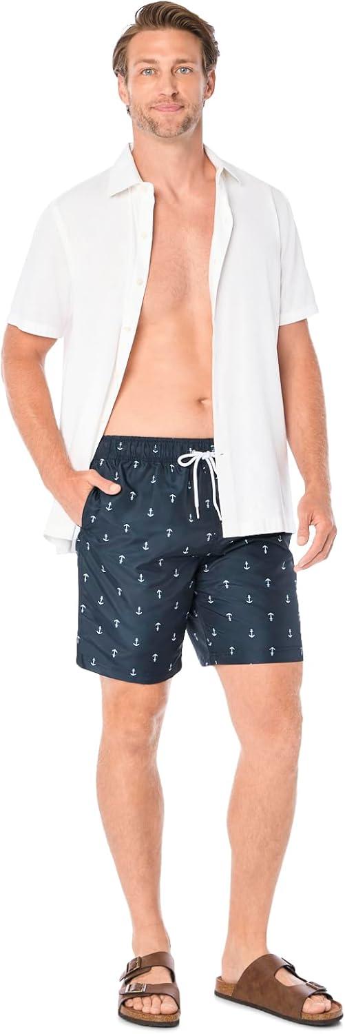 imageNautica Mens Quick Dry All Over Classic Anchor Print Swim TrunkNavy