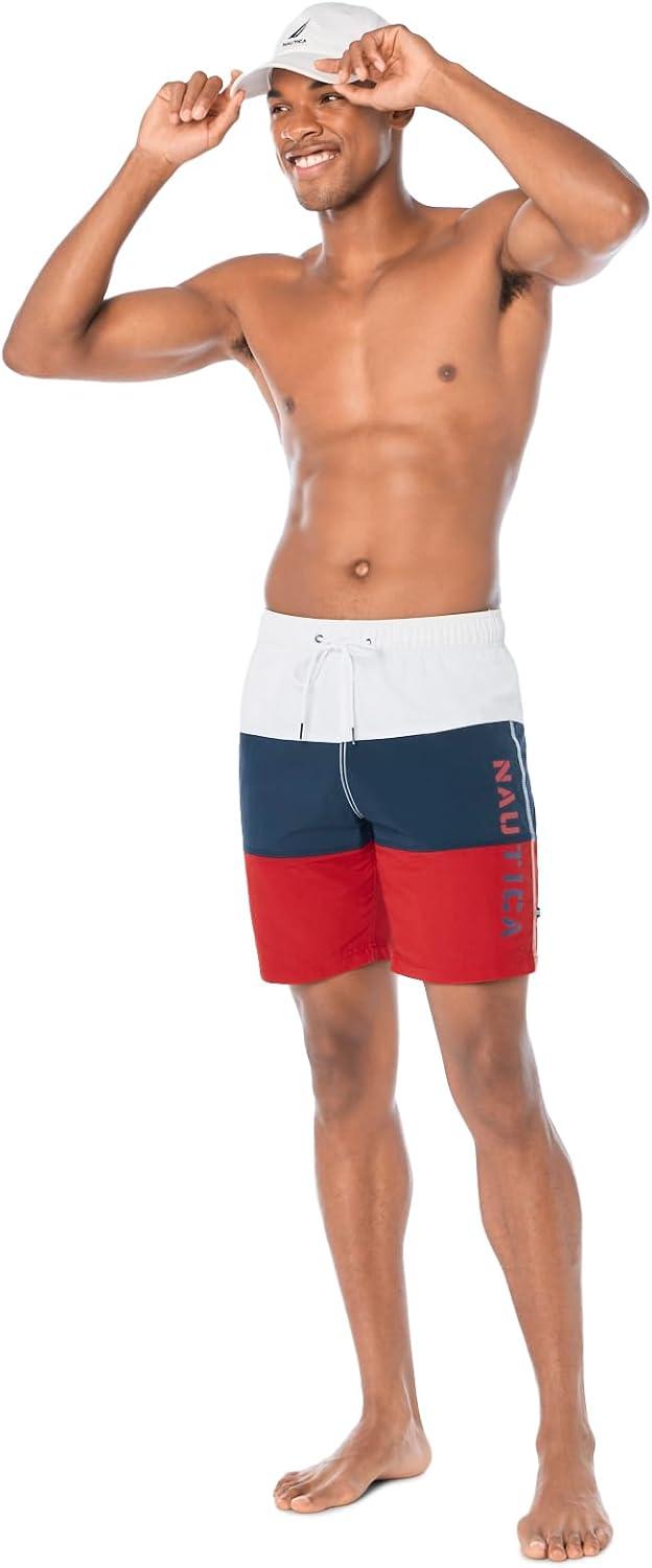 imageNautica Mens Quick Dry Classic Logo TriBlock Series Swim TrunkNautica Red
