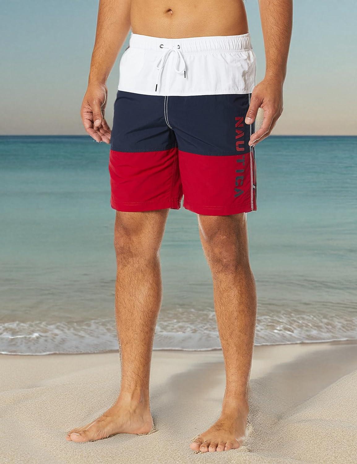 imageNautica Mens Quick Dry Classic Logo TriBlock Series Swim TrunkNautica Red
