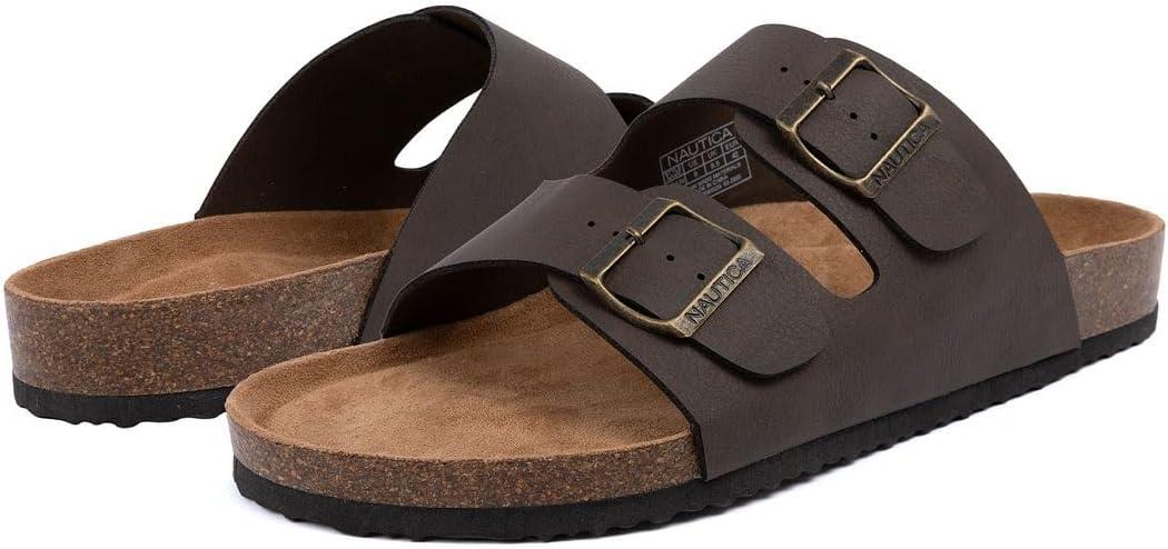 imageNautica Mens Sandals Casual Slides with 2 Adjustable Buckle Straps and Cork Footbed for Ultimate Comfort and Style RegularWide Width Big SizeBrown Tumbledtriun