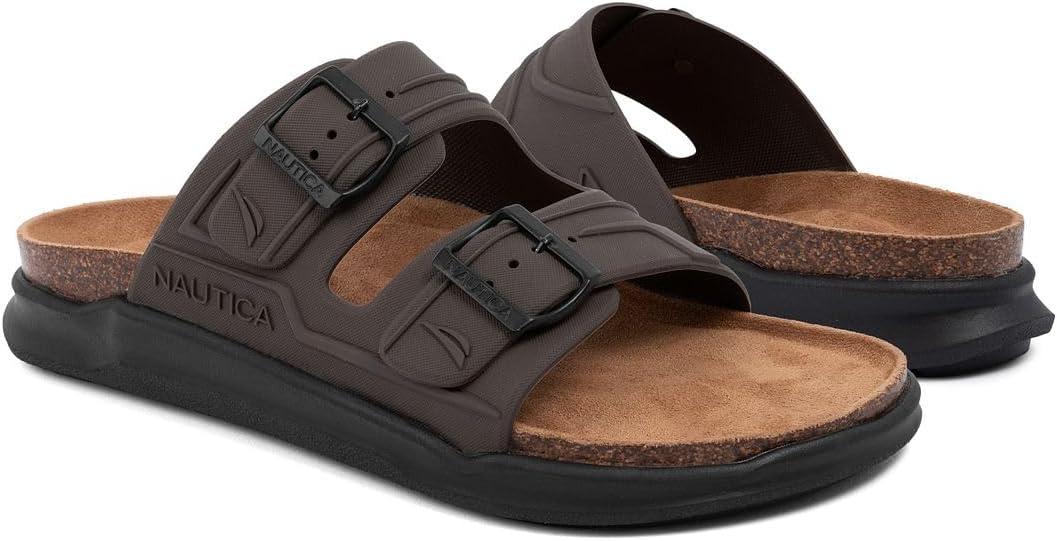imageNautica Mens Sandals Casual Slides with 2 Adjustable Buckle Straps and Cork Footbed for Ultimate Comfort and Style RegularWide Width Big SizeChocolate